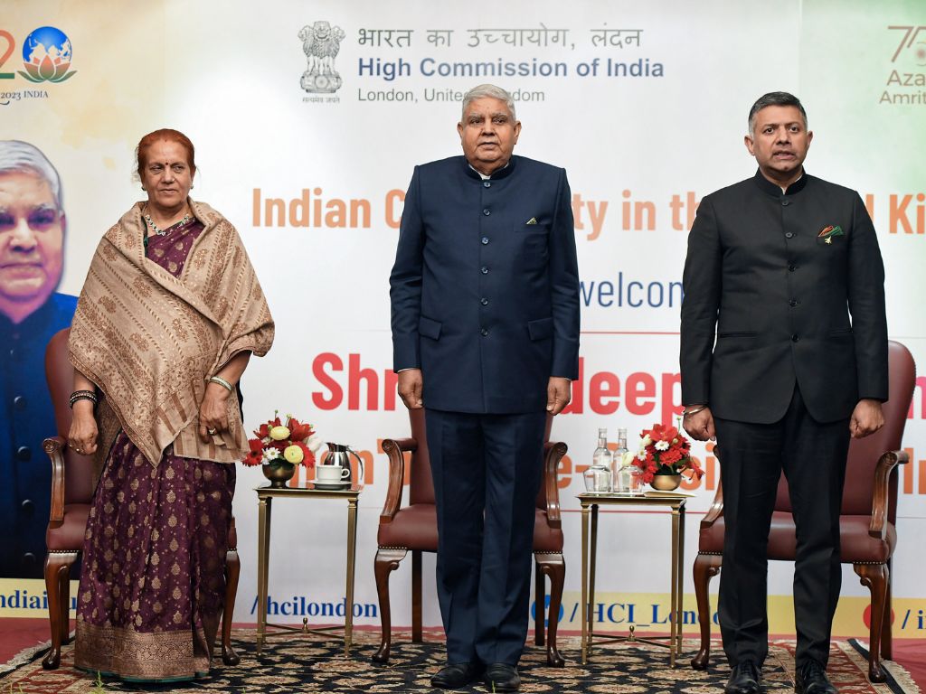 Indian vice president Jagdeep Dhankhar (C) along with his wife Sudesh Dhankhar and Indian high commissioner to the UK, Vikram Doraiswami, after interacting with the Indian Diaspora in London