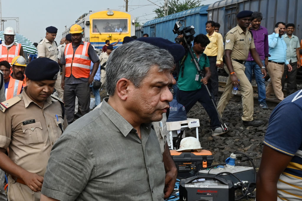 Indian railway minister Ashwini Vaishnaw at the accident site in Odisha