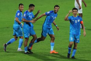 India football players celebrate a goal in a SAFF Championship 2023 match