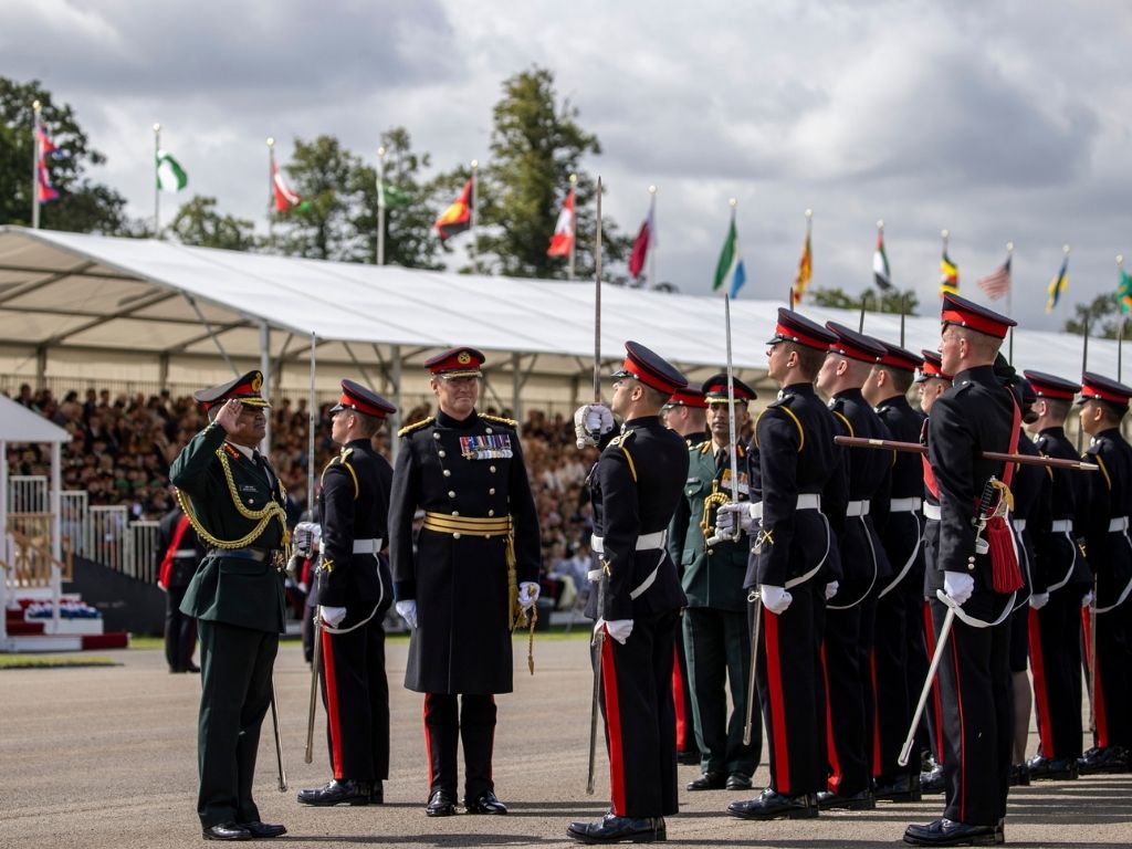 Indian Army chief General Manoj Pande (front right) inspects the Sovereign's Parade at the Royal Military Academy, Sandhurst, UK.