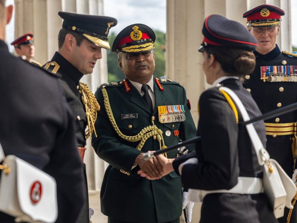 Indian Army chief General Manoj Pande (front right) inspects the Sovereign's Parade at the Royal Military Academy, Sandhurst, UK.