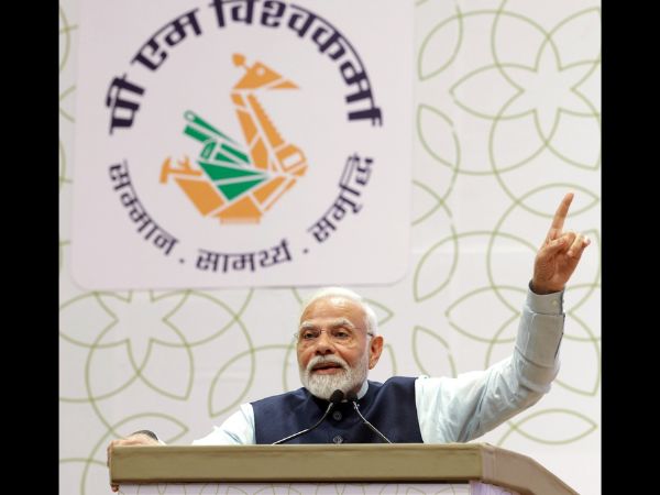 Indian prime minister Narendra Modi addresses a gathering during the launch of the 'PM Vishwakarma' scheme, at the India International Convention and Expo Centre, Dwarka, in New Delhi