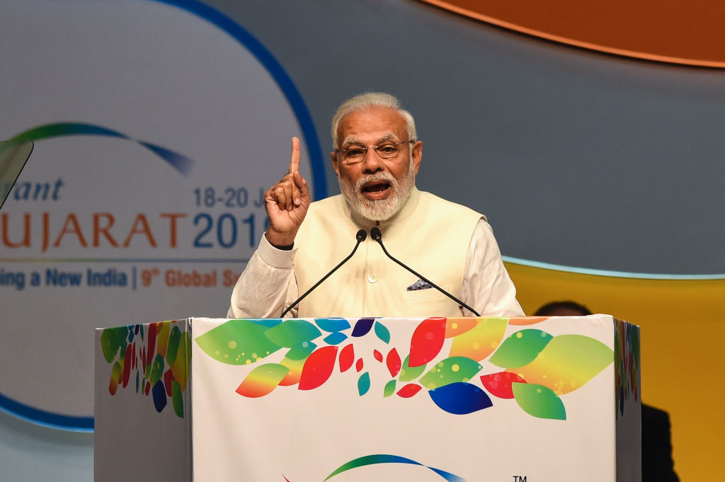 Indian prime minister Narendra Modi gives a speech at the Vibrant Gujarat Global Summit being held in Gandhinagar,