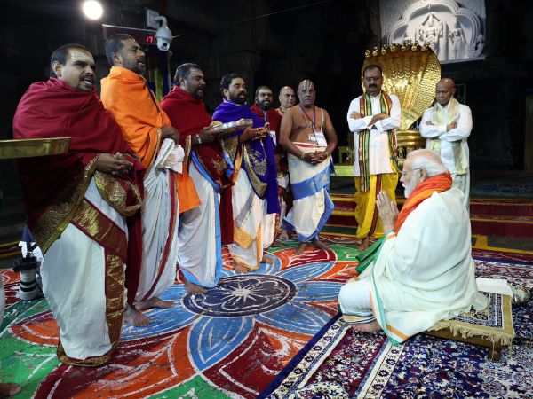 Prime Minister Narendra Modi offers prayers at the Venkateswara Swamy Temple at Tirumala
