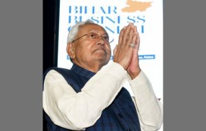 Nitish Kumar, chief minister of the Indian state of Bihar, at the Bihar Business Connect 2023 in Patna, India,