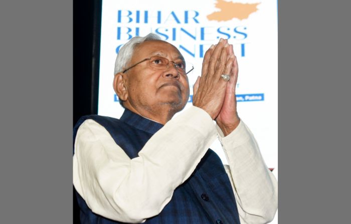 Nitish Kumar, chief minister of the Indian state of Bihar, at the Bihar Business Connect 2023 in Patna, India,