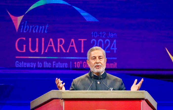 Micron Technology CEO Sanjay Mehrotra speaks at the Vibrant Gujarat Global Summit 2024