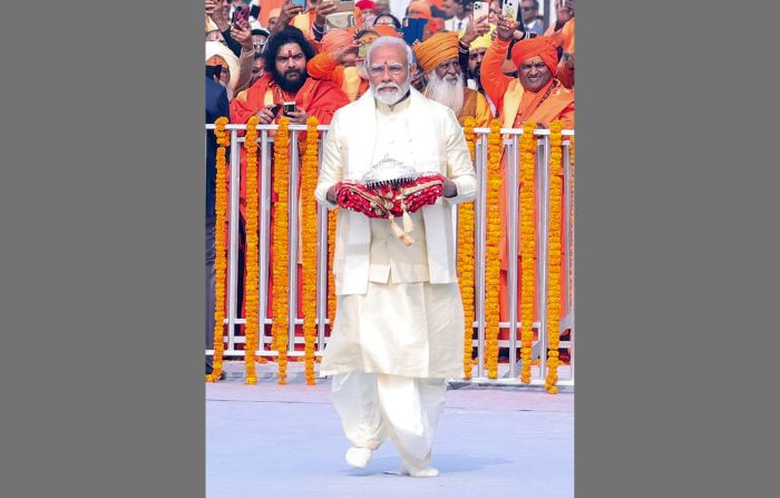 Indian PM Narendra Modi arrives to participate in the consecration ceremony of the Ram temple in Ayodhya in the northern state of Uttar Pradesh