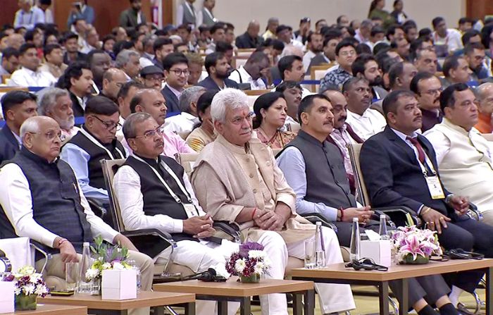 Manoj Sinha, lieutenant governor of the Indian Union Territory of Jammu and Kashmir (third from left) along with Gujarat chief minister Bhupendra Patel (left) and other dignitaries at the concluding session of Vibrant Gujarat Global Summit in Gandhinagar in India's Gujarat