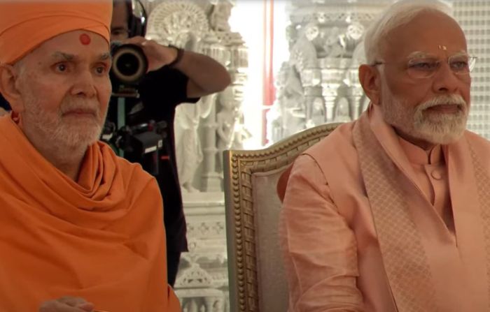 Indian prime minister Narendra Modi with BAPS president His Holiness Mahant Swami Maharaj at BAPS temple inauguration in Abu Dhabi, UAE.