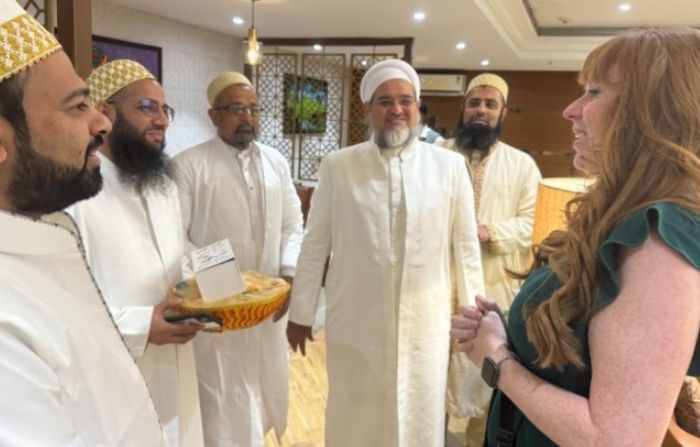 British deputy shadow PM Angela Rayner speaks with representatives of the Bohra community in Ahmedabad in Gujarat