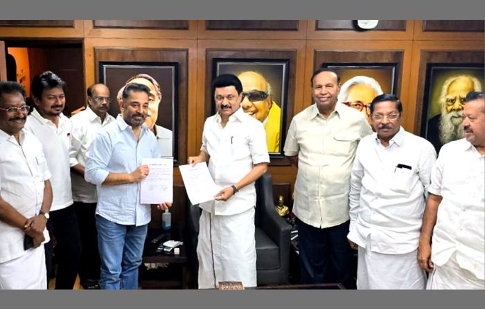 South Indian actor Kamal Haasan (fourth from left) and the chief minister of the southern state of Tamil Nadu, MK Stalin, during the signing of an agreement under which Haasan's Makkal Needhi Maiam party joined Stalin's Dravida Munnetra Kazhagam-led alliance for the upcoming Indian general elections, in Chennai in Tamil Nadu