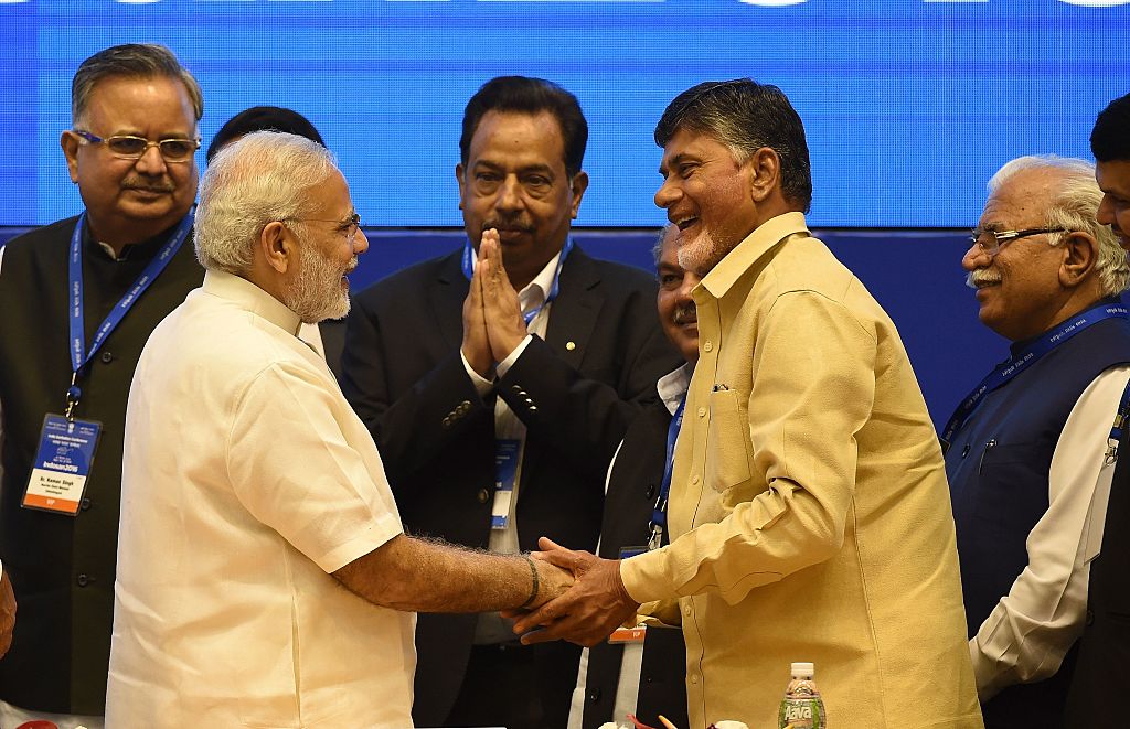 Indian PM Narendra Modi with N Chandrababu Naidu (R), former chief minister of the southern Indian state of Andhra Pradesh