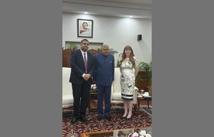 Angela Rayner and Navendu Mishra with Indian vice president Jagdeep Dhankhar (c)