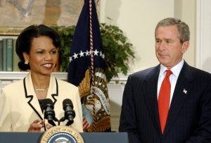 Former US secretary of state Condoleezza Rice with US president George W Bush in November 2004