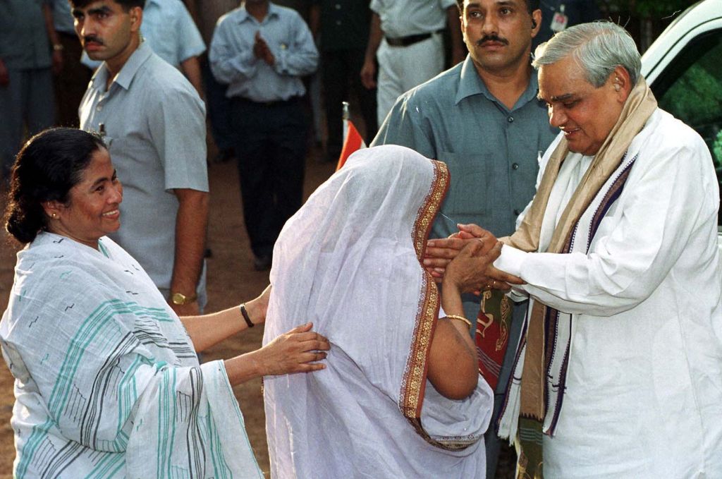 Former Indian PM Atal Bihari Vajpayee at the residence of Mamata Banerjee, an Indian politician, in 2000.